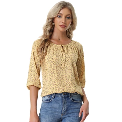 Allegra K Women's Bow Tie Round Neck 3/4 Raglan Sleeve Floral Blouse Tops 8 Allegra K Women's Bow Tie Round Neck 3/4 Raglan Sleeve Floral Blouse Tops - Image 6