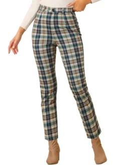 Allegra K Women's Plaid Trousers Button Casual Tartan Check Work Pants -Lady Clothing Store GUEST 058a6316 20d6 4995 92de e4786c3e41df