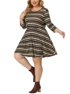 Agnes Orinda Women's Plus Size Striped Boho Fit Flare Knit Dress -Lady Clothing Store GUEST 0590bd11 8856 4ccf 9589 2acdad11a98f