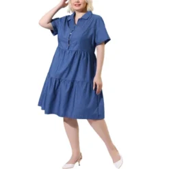 Agnes Orinda Women's Plus Size Babydoll Half Placket Elastic Back Button Chambray Dresses -Lady Clothing Store GUEST 06be8c97 b0d9 4560 b047 362b25fa672c
