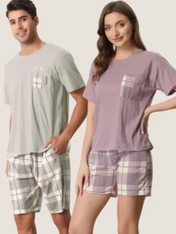 Cheibear Women's Sleepwear Short Sleeve T-Shirt With Shorts Plaid Couple Pajama Sets -Lady Clothing Store GUEST 10446e6c 1f4c 4561 82b9 30e016554b25