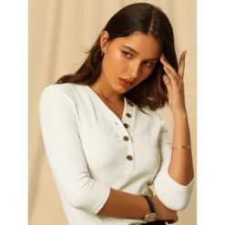 Hobemty Women's Basic V Neck Button 3/4 Sleeve Knitted Henley Shirts -Lady Clothing Store GUEST 10a9913a 0a2b 450d 951c 38bd0f978166