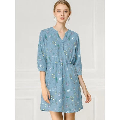 Allegra K Women's Button Front Floral Print V Neck 3/4 Sleeves Above Knee Dresses 4 Allegra K Women's Button Front Floral Print V Neck 3/4 Sleeves Above Knee Dresses - Image 2