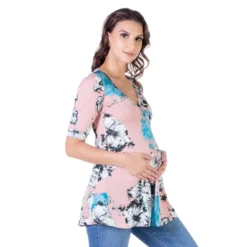 24seven Comfort Apparel Pink Floral Elbow Sleeve Henley Maternity Tunic Top