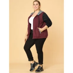 Agnes Orinda Women's Plus Size Casual Hood Color Block Zip Up Hoodie Jacket With Pocket