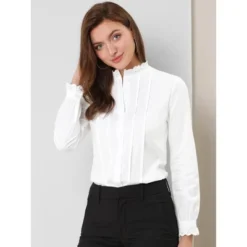 Allegra K Women's Mock Neck Blouse Ruffle Work Office Cotton Pleated Button Up Shirt