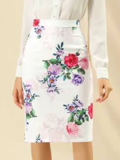 Allegra K Women's Floral Elastic Waistband Bodycon Pencil Skirt With Back Slit