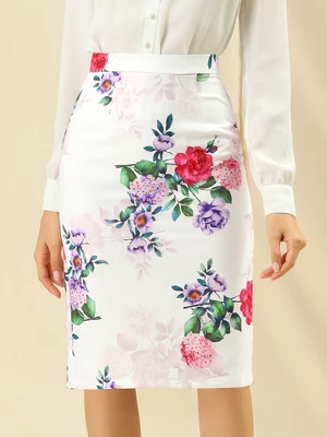 Allegra K Women's Floral Elastic Waistband Bodycon Pencil Skirt With Back Slit 3 Allegra K Women's Floral Elastic Waistband Bodycon Pencil Skirt With Back Slit