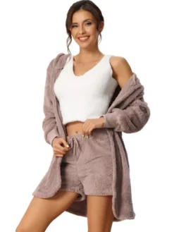 Cheibear Womens Fuzzy Fleece 3 Piece Outfits Pajamas Soft Coat Jacket And Crop Top With Shorts Lounge Set -Lady Clothing Store GUEST 1e03b606 3039 4ef4 abac a87a80eabfa0