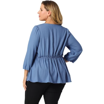 Agnes Orinda Women's Plus Size Peplum Top Pullover Puff Sleeve High Waist Chambray Blouse 6 Agnes Orinda Women's Plus Size Peplum Top Pullover Puff Sleeve High Waist Chambray Blouse - Image 4