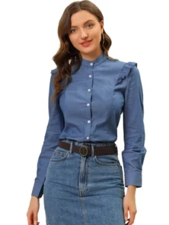 Allegra K Women's Chambray Stand Collar Ruffled Denim Button Down Shirts -Lady Clothing Store GUEST 26734d92 57db 47c1 9405 ab1bae9fbd62