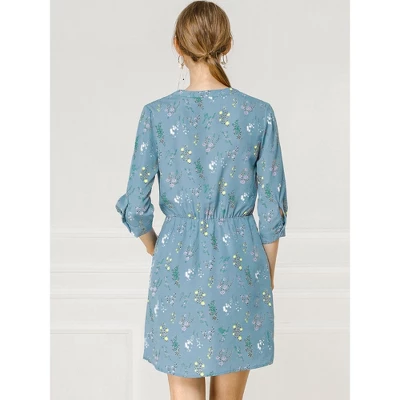 Allegra K Women's Button Front Floral Print V Neck 3/4 Sleeves Above Knee Dresses 6 Allegra K Women's Button Front Floral Print V Neck 3/4 Sleeves Above Knee Dresses - Image 4