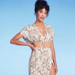 Women's Tie-Front Short Sleeve Cover Up Crop Top - Shade & Shore™ Tan Snake Print -Lady Clothing Store GUEST 2aec3bf1 694d 44fc abb9 047d73df83eb