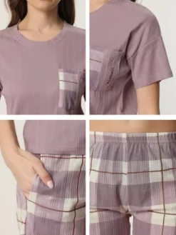 Cheibear Women's Sleepwear Short Sleeve T-Shirt With Shorts Plaid Couple Pajama Sets -Lady Clothing Store GUEST 2d6c8245 068a 4f5a 858e f5b4311f181c