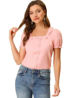 Allegra K Women's Puff Sleeve Ruffle Tops Summer Elegant Work Square Neck Blouse -Lady Clothing Store GUEST 30cfb5a6 569a 4269 921b 9105da364b49