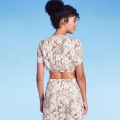 Women's Tie-Front Short Sleeve Cover Up Crop Top - Shade & Shore™ Tan Snake Print -Lady Clothing Store GUEST 321dcb65 b9b3 4d44 b8a8 dd6d2345abed