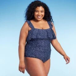 Women's Polka Dot Ruffle Shoulder One Piece Swimsuit - Kona Sol™ Navy Blue -Lady Clothing Store GUEST 33bd4474 0db9 44ce bf88 2727fab579bc