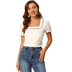 Allegra K Women's Puff Sleeve Ruffle Tops Summer Elegant Work Square Neck Blouse -Lady Clothing Store GUEST 34d36fc9 1541 47d0 9bc3 dbf5daad7c3d