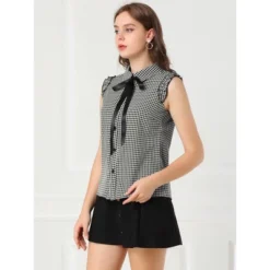 Allegra K Women's Bow Tie Neck Blouse Vintage Ruffle Sleeveless Gingham Plaid Shirt -Lady Clothing Store GUEST 361f71fc 18fd 4921 8afb 35c7c947c7cc