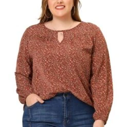 Agnes Orinda Women's Plus Size Chiffon Keyhole Long Sleeve Floral Top -Lady Clothing Store GUEST 36d04e9f ec7e 42da 9bc1 c1736c01d9ba