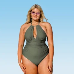 Women's Green Plus Size One Piece Ruched Cutout Halter Self Tied Bathing Suit - Cupshe -Olive -Lady Clothing Store GUEST 37532efb ffcd 4c17 b7c3 7000c4eaa835
