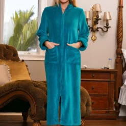 Women's Zip Up Fleece Robe, Soft Warm Plush Zipper Bathrobe