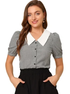 Allegra K Women's Plaid Puff Sleeve Blouse Contrast Collar Button Down Shirt Tops -Lady Clothing Store GUEST 39f4326f 2f84 474c bb38 f1ff4b77a530