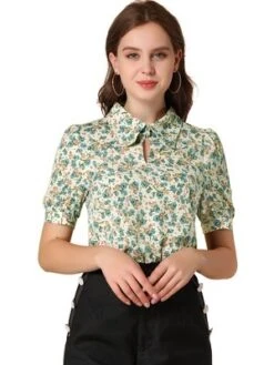 Allegra K Women's Vintage Floral Turndown Collar Split Neck Puff Short Sleeve Chiffon Elegant Blouse -Lady Clothing Store GUEST 3c16041f 46de 4935 9264 bf175e281d4b