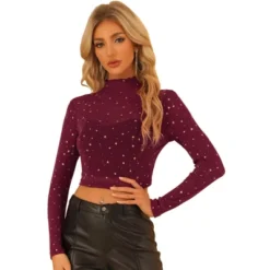 Allegra K Women's Mesh Crop Stars Mock Neck Party See Through Blouse -Lady Clothing Store GUEST 3e1c452d b55f 4df4 98c5 d2082eaeeaf6