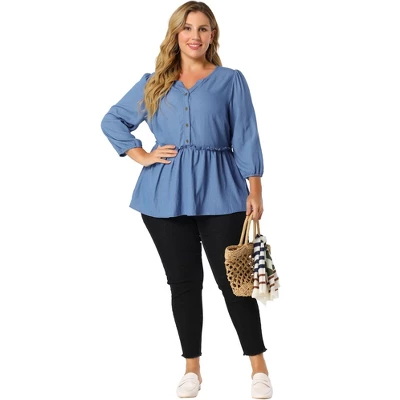 Agnes Orinda Women's Plus Size Peplum Top Pullover Puff Sleeve High Waist Chambray Blouse 4 Agnes Orinda Women's Plus Size Peplum Top Pullover Puff Sleeve High Waist Chambray Blouse - Image 2