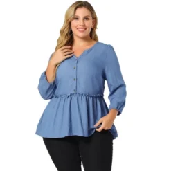 Agnes Orinda Women's Plus Size Peplum Top Pullover Puff Sleeve High Waist Chambray Blouse 11 Agnes Orinda Women's Plus Size Peplum Top Pullover Puff Sleeve High Waist Chambray Blouse -Lady Clothing Store GUEST 419546f9 6d7a 4f09 9255 9e69c85d4bf9