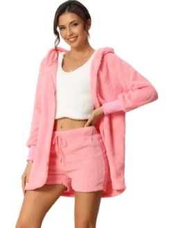 Cheibear Womens Fuzzy Fleece 3 Piece Outfits Pajamas Soft Coat Jacket And Crop Top With Shorts Lounge Set -Lady Clothing Store GUEST 4448bb3b d26b 4a87 954e c72166023ea5