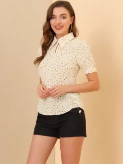 Allegra K Women's Vintage Floral Turndown Collar Split Neck Puff Short Sleeve Chiffon Elegant Blouse -Lady Clothing Store GUEST 48259114 5912 4803 b466 2119718aa0ee