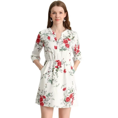 Allegra K Women's Button Front Floral Print V Neck 3/4 Sleeves Above Knee Dresses 13 Allegra K Women's Button Front Floral Print V Neck 3/4 Sleeves Above Knee Dresses - Image 11