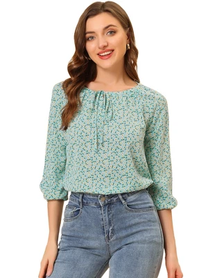 Allegra K Women's Bow Tie Round Neck 3/4 Raglan Sleeve Floral Blouse Tops 16 Allegra K Women's Bow Tie Round Neck 3/4 Raglan Sleeve Floral Blouse Tops - Image 14