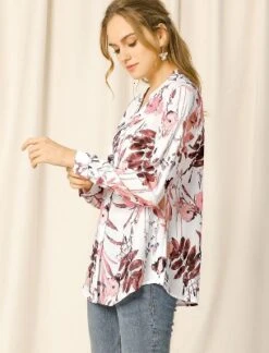 Allegra K Women's Floral Loose Tops V Neck Long Sleeve Button-Up Blouse -Lady Clothing Store GUEST 59bc10f0 5427 4ab2 8d8d 40400fb7e5b3