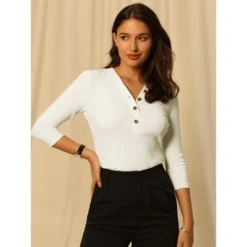 Hobemty Women's Basic V Neck Button 3/4 Sleeve Knitted Henley Shirts