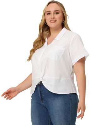 Agnes Orinda Women's Plus Size Flat Collar Twist Hem Chest Pocket Short Sleeve Shirt Top 4 Agnes Orinda Women's Plus Size Flat Collar Twist Hem Chest Pocket Short Sleeve Shirt Top - Image 2