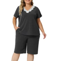 Agnes Orinda Women's Plus Size Short Sleeve V Neck Elastic Waist Pajamas Set 2 Pcs -Lady Clothing Store GUEST 5c02efea 1fa6 43bb 8140 de47aaeb2e24
