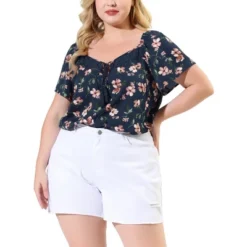 Agnes Orinda Women's Plus Size Floral Short Sleeve Square Tassel Tie Neck Peasant Tops -Lady Clothing Store GUEST 601a53df 1af6 406d 9447 a3f5bd12fd6f