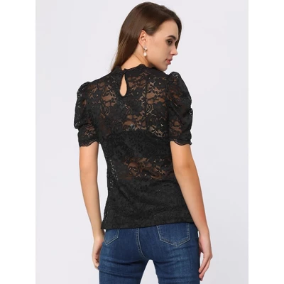 Allegra K Women's Mock Neck Puff Short Sleeves Embroidery Lace Floral Blouse 4 Allegra K Women's Mock Neck Puff Short Sleeves Embroidery Lace Floral Blouse - Image 2