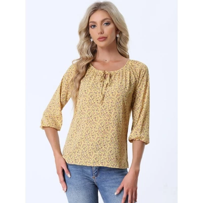 Allegra K Women's Bow Tie Round Neck 3/4 Raglan Sleeve Floral Blouse Tops 4 Allegra K Women's Bow Tie Round Neck 3/4 Raglan Sleeve Floral Blouse Tops - Image 2