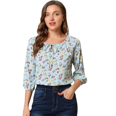 Allegra K Women's Bow Tie Round Neck 3/4 Raglan Sleeve Floral Blouse Tops 14 Allegra K Women's Bow Tie Round Neck 3/4 Raglan Sleeve Floral Blouse Tops - Image 12