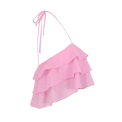 Women's Tiered Ruffle Cropped Halter Top - Begonia Pink