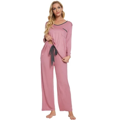 Cheibear Womens Pajama Set Soft Modal Contrast Color Long Sleeve Shirt And Pants Sleepwear 2pcs 11 Cheibear Womens Pajama Set Soft Modal Contrast Color Long Sleeve Shirt And Pants Sleepwear 2pcs - Image 9