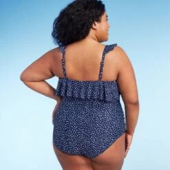 Women's Polka Dot Ruffle Shoulder One Piece Swimsuit - Kona Sol™ Navy Blue