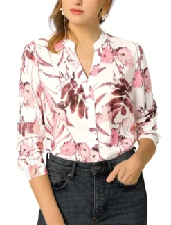 Allegra K Women's Floral Loose Tops V Neck Long Sleeve Button-Up Blouse -Lady Clothing Store GUEST 6b69423d b244 4592 b5da ba5c3bee6ddd