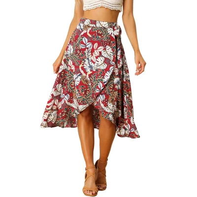 Allegra K Women's Tie Waist Hawaiian Tropical Floral Wrap Midi Skirt 9 Allegra K Women's Tie Waist Hawaiian Tropical Floral Wrap Midi Skirt - Image 7