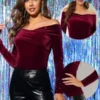 Allegra K Velvet Top For Women's Slim Fit Long Sleeve Off Shoulder Blouse -Lady Clothing Store GUEST 6fce3f32 9a85 4e76 a93f ade98df72924