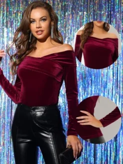 Allegra K Velvet Top For Women's Slim Fit Long Sleeve Off Shoulder Blouse